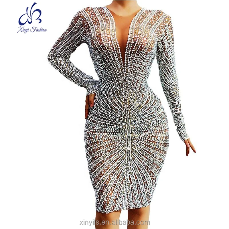 New Design Long Sleeve Tightshort Dress Women Birthday Celebrate Evening Dress Sparkly Diamond Pearl