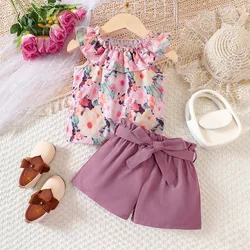 Summer toddler baby girls clothing sets lace flower print tops matching shorts two piece toddler kids clothes with belt
