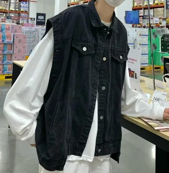 Custom Fashionable Loose Jeans Jacket Streetwear Casual Detachable Sleeves 2 in 1 Vest Denim Jacket for Men details