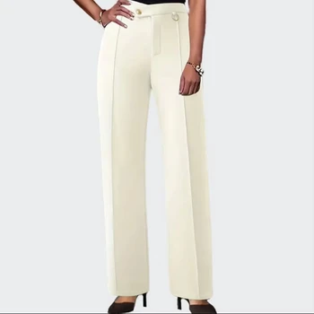 Elegant Women's Office Lady Pink Solid Slim Straight High Waist Wide Leg Pants Elegant Female Pleater Trousers Cotton Spring