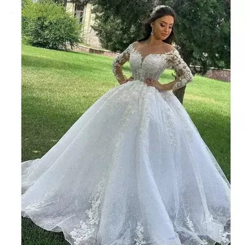 2022 Luxury Long Sleeves Customized Beaded Lace Fabric White Bridal Gowns modest Robe De Marier vestidos de novia Wedding Dress