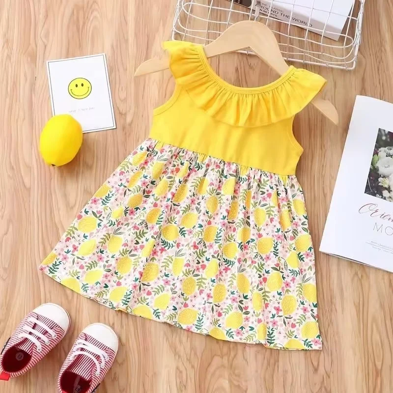 Summer Baby Girls New Design Linen Organic Cotton Summer Ruffle Shoulder Baby Girl Dresses