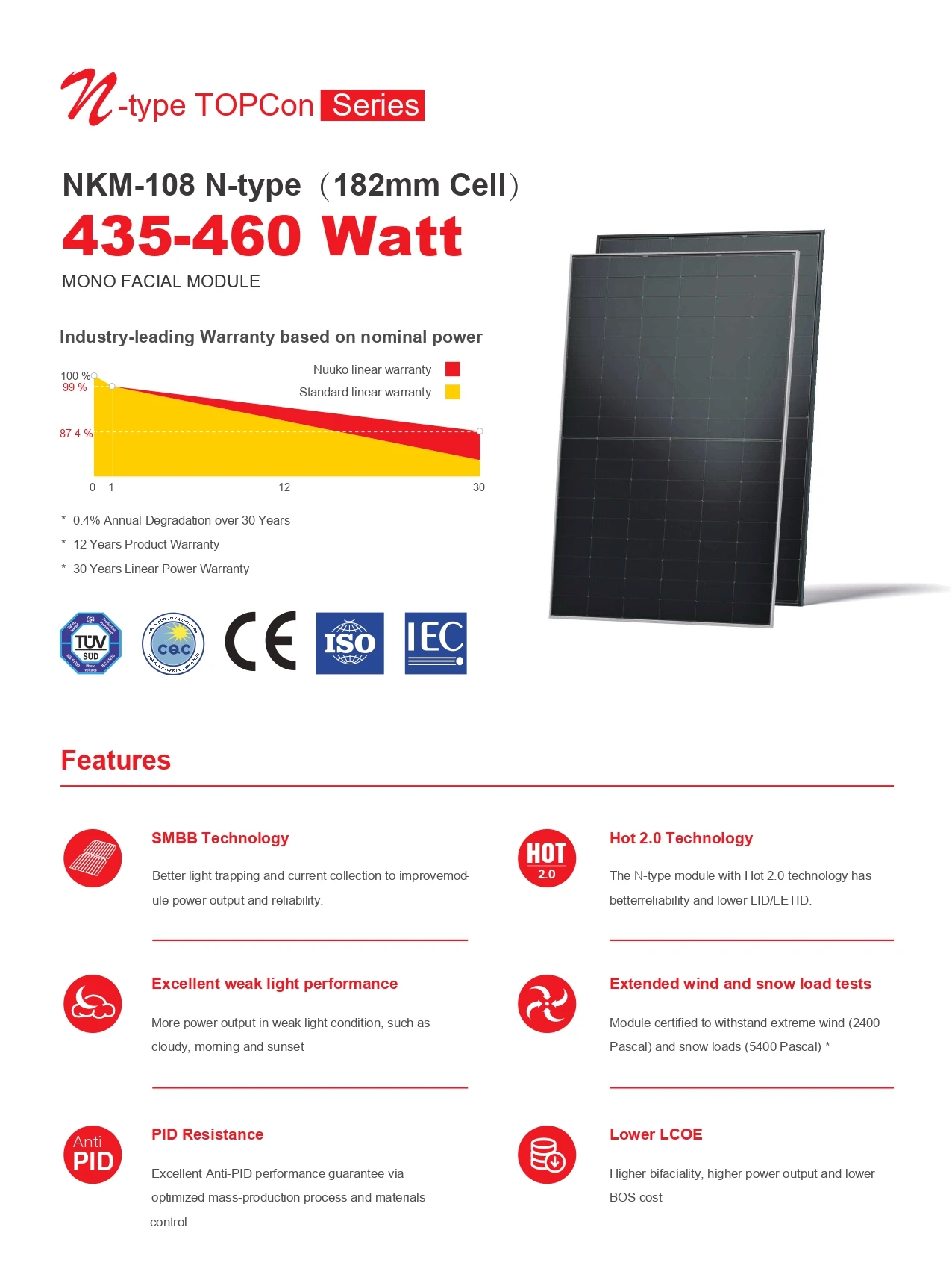 高效太阳能435w 440w 445w 460w n型单面太阳能电池板nkm-108 435w 46