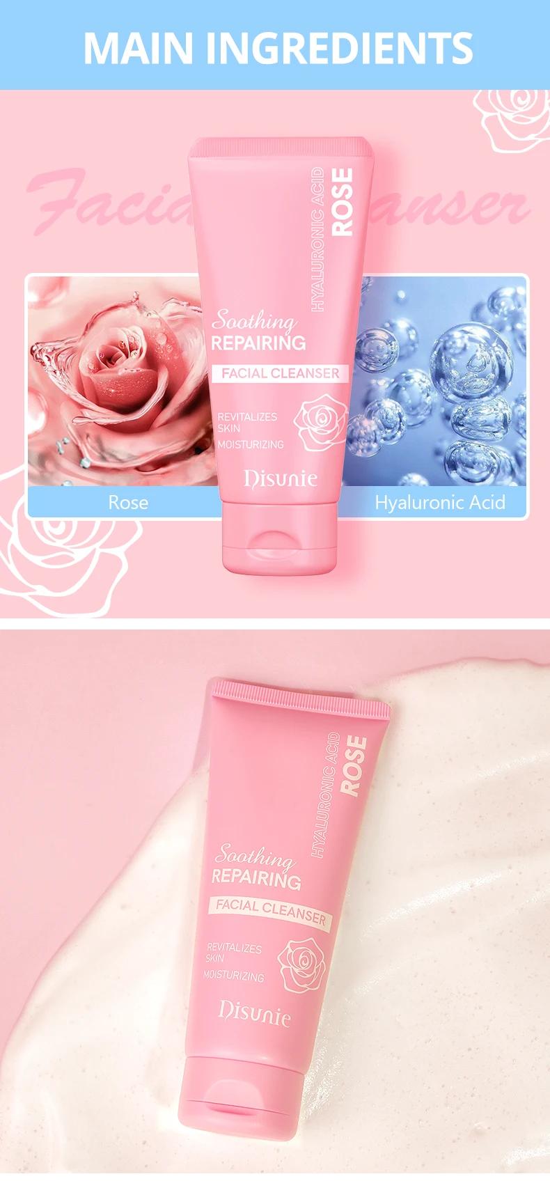 New Rose & Hyaluronic Acid Facial Cleanser Face Cleaning Skin Rejuvenation Clear Skin Products Moisturizing Face Wash