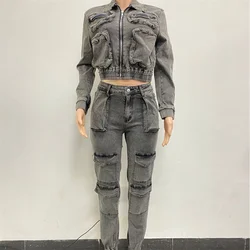 Multi Pockets Denim Pants Outfit Sexy Women Two Pieces Elegant Jeans Casual Matching Set Jacket+Trousers