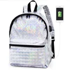 High School Hot Sale Laser Silver High School Backpack Girl College Backpack PU Transparent Backpack With USB