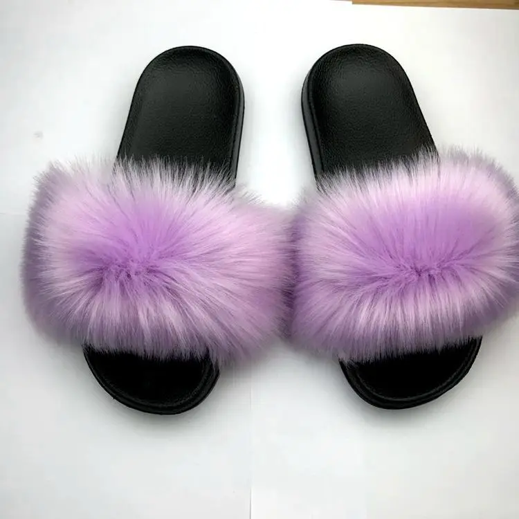 Fur slippers faux animal fur faux fur shoes women's sandals faux raccoon fox beach shoes flip flops indoor slippers summer