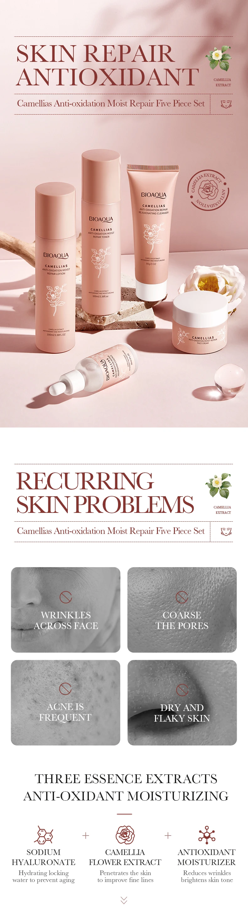 product bioaoua camellia antioxidant moisturizing repair 5 piece skincare set cross border trade wholesale-2