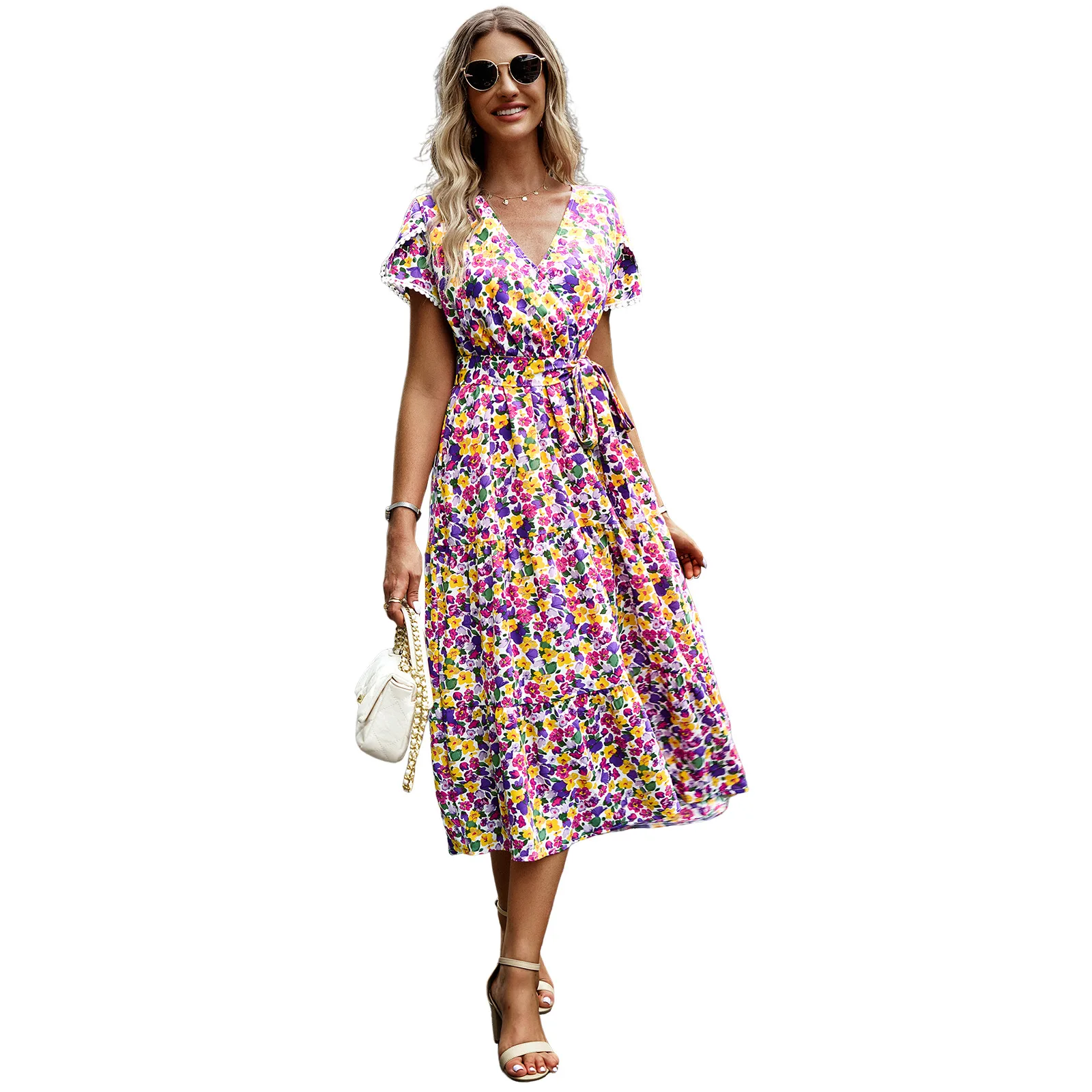 Ying Tang Custom Floral Print Lace-Up Casual Holiday Elegant Lady Dress Women Dress With V-Neck Short Sleeve OEM/ODM