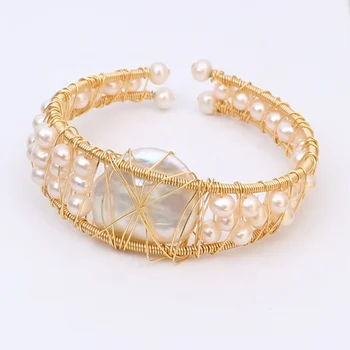Hugh freshwater pearl bead handmade 14 k gold plated bangle hawaiian bracelets pearl