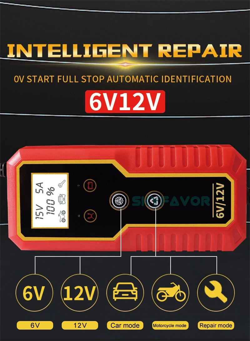 Factory motorcycle car battery charger 6V 12V 8A Universal Automatic pulse Repair lead acid battery charger with lcd display