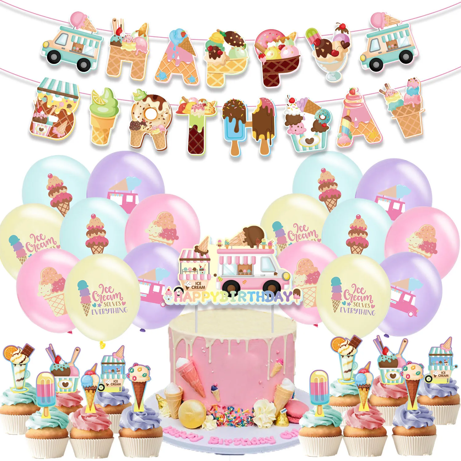 Macaron Ice Cream Theme Birthday Banner Latex Balloon Cake Topper Set Baby Birthday Party Decorations