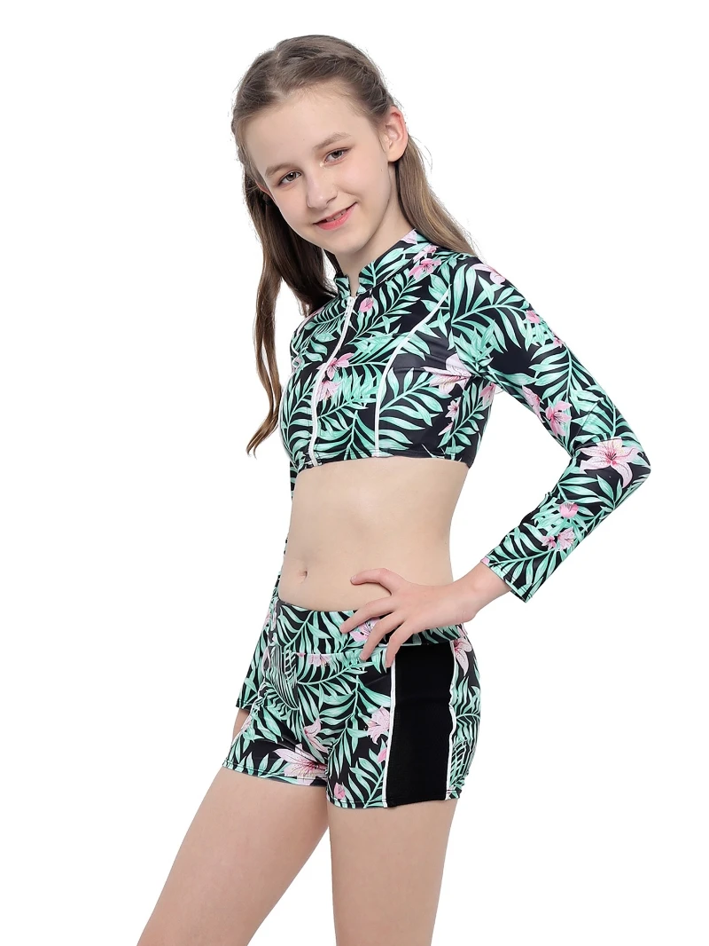 Low Price Kids Girls 2 Pcs Swimsuits Yoga Sport Fitness Clothing Patterns Printed Top with Boyshorts Bottoms 4-14