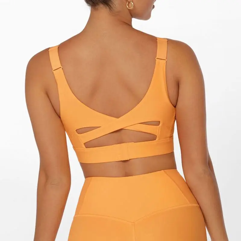 ECBC Comfortable Soft  Women Sports Top Elastic Fabric Solid Orange Cross Back Yoga Fitness Bra For Gym