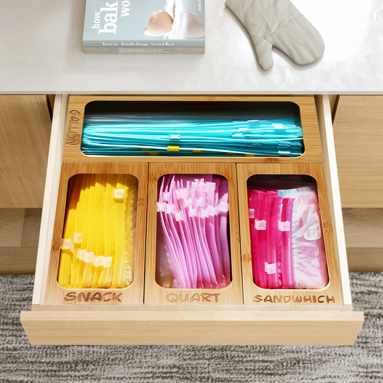 Kitchen New Design Set Of 4 Bamboo Wooden Ziplock Bag Storage Organizers With Slide Acrylic Lid