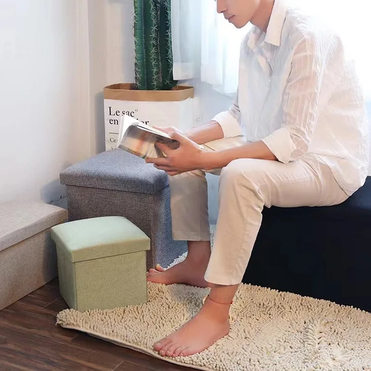 Portable Storage Stool Home Folding Chair Storage Container Space Save Square Linen Fabric Storage Box