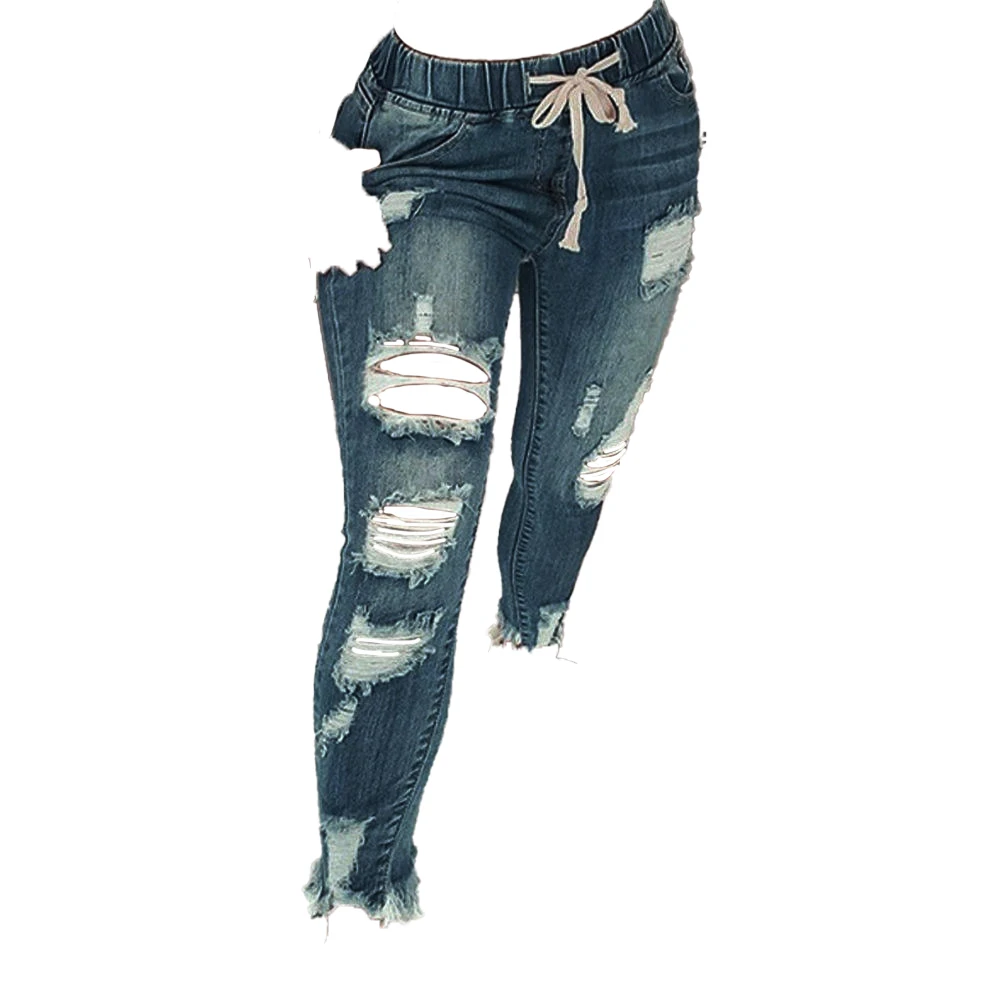 New Arrivals Plus Size Mid Waist Casual Washed Skinny Blue Denim Pencil Pants Ripped Distressed Women's Jeans supplier