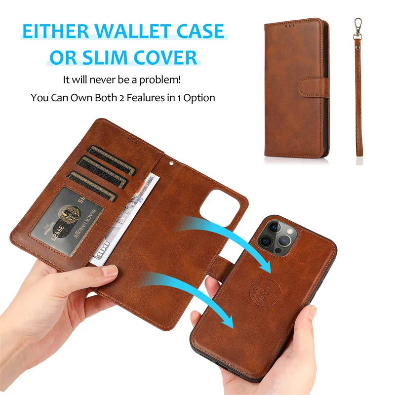 Luxury PU Leather Detachable 2 in 1 Magnetic Wallet Phone Case For iPhone 13 12 11 Pro Max Xs Xr Xs Max 7 8 Plus
