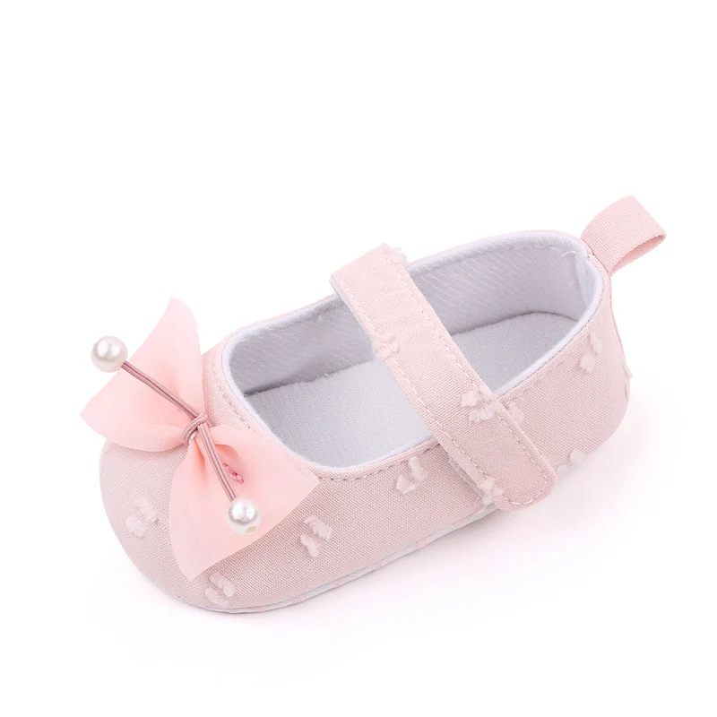 New Solid Color Pearl Yarn Bow Soft Soled Non-slip Princess Toddler Shoes for Baby Girls supplier