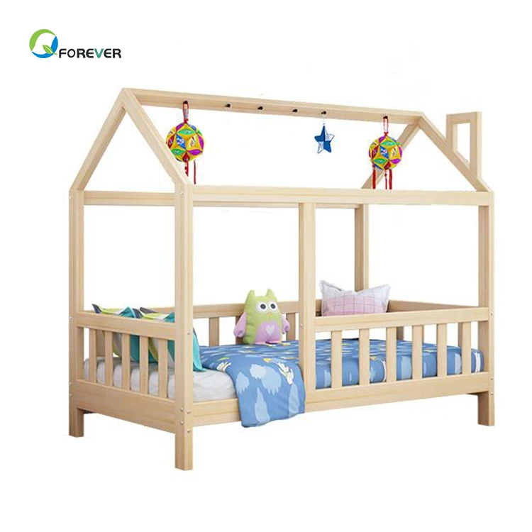Children'S Solid Wood Bed Frame Simple Wooden Kids Bed With Guardrail