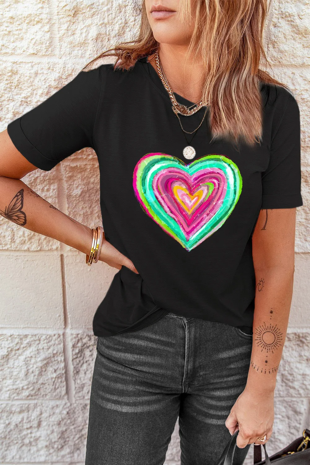 Dear-Lover Black Valentine Heart Shaped Print Crew Neck Girls T-Shirts For Women