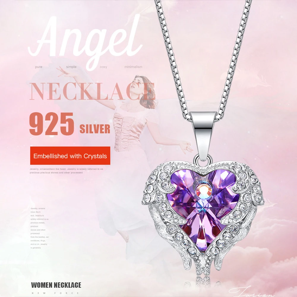 CDE YP1440 Customized Jewelry 925 Sterling Silver Pendant Necklace Heart-Shaped Crystal Rhodium Plated Angel Heart Necklace