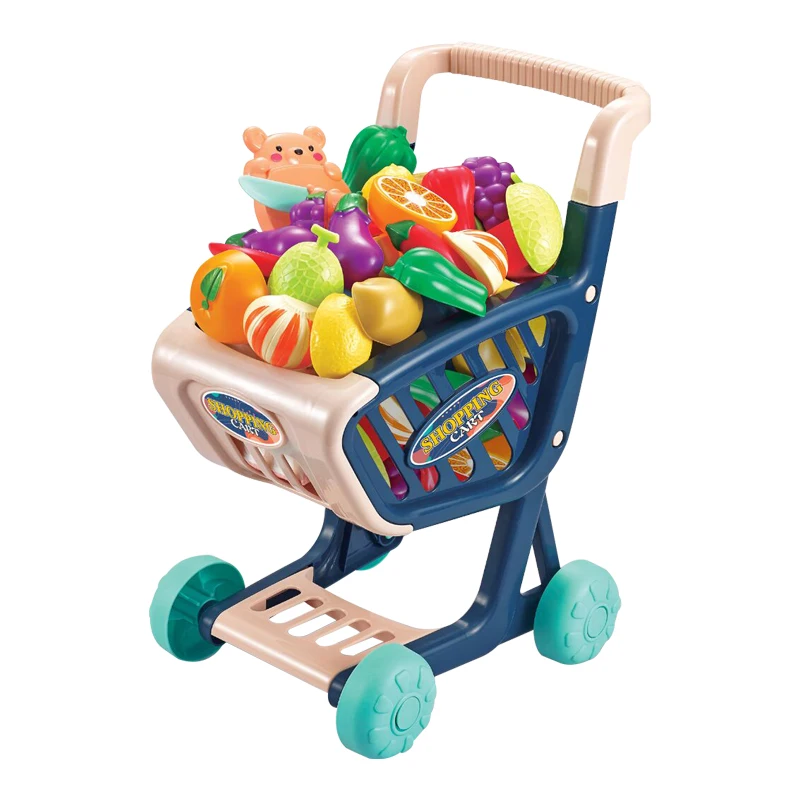 Pretend kitchen play set kids supermarket trolley shopping trolley cart toys with fruit