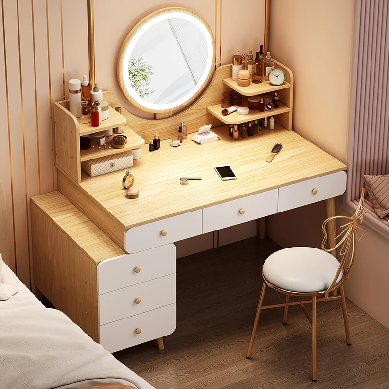 Modern Nordic Wooden Multifunction Ladies Vanity Table in Bedroom with Led Light makeup Mirror Storage