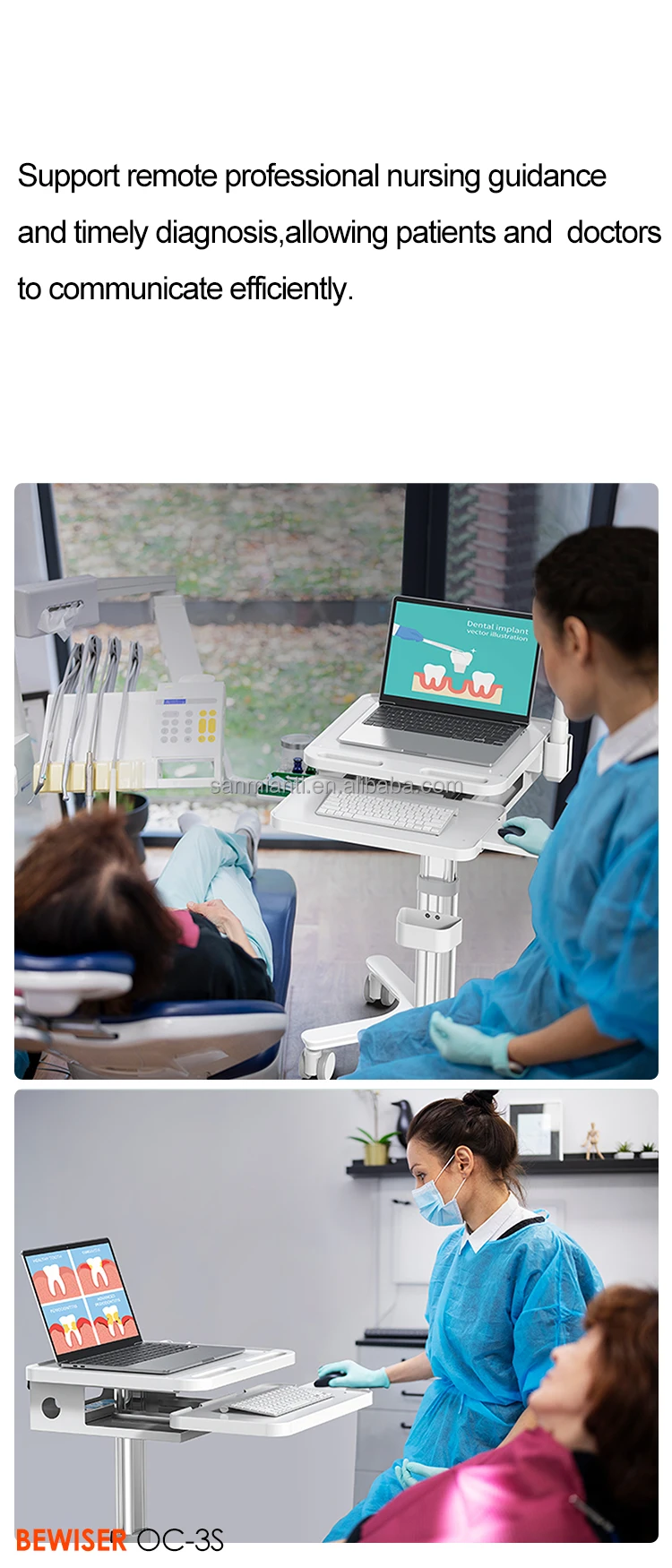 Hot Sell Hospital Mobile Medical Computer Cart Laptop Hospital Cart Trolley Dentist Clinic Trolley(BEWISER MTO-3)