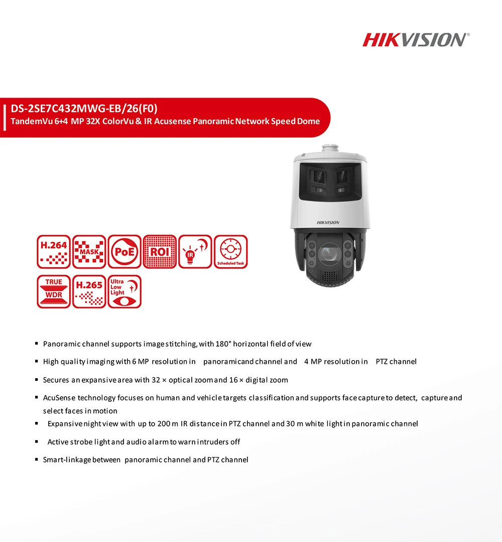 Original Hik DS-2SE7C432MWG-EB/26F0 TandemVu 6+4 MP 32X ColorVu IR Acusense Panoramic Network Speed Dome CCTV PTZ Camera