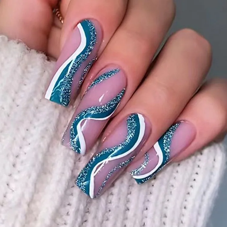 Romantic Rain Custom Press On Full Cover Acrylic Nails Ombre Shining Diamond Sequins Long French Blue Pink 24Pcs/Box Blind Box