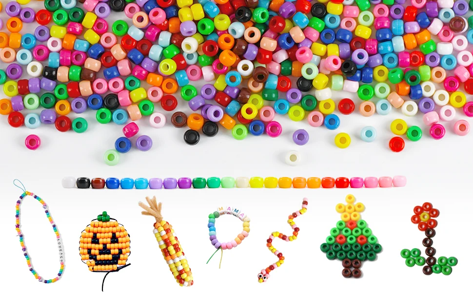 Pony Beads Multi-Colored Plastic Craft Beads Set Bulk Rainbow Hair Beads for DIY Crafting Jewelry Making Kandi Bracelets