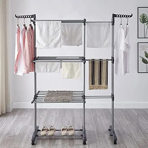product movable household folding telescopic metal double pole clothes drying rack floor standing towel drying rack-4