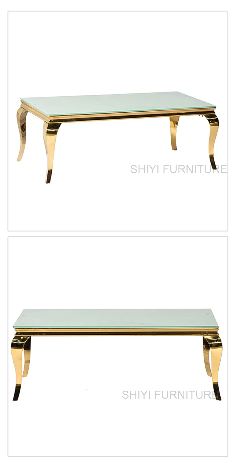Long modern gold coffee table with glass top