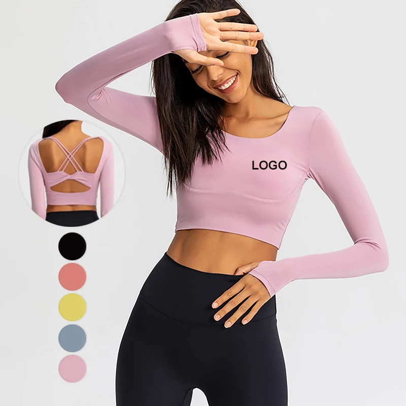 YIYI Manufacturer Back Hollow Out Comfortable Gym Tops With Padded U Neck Workout Tops Tights Long Sleeve Crop Tops T-shirts