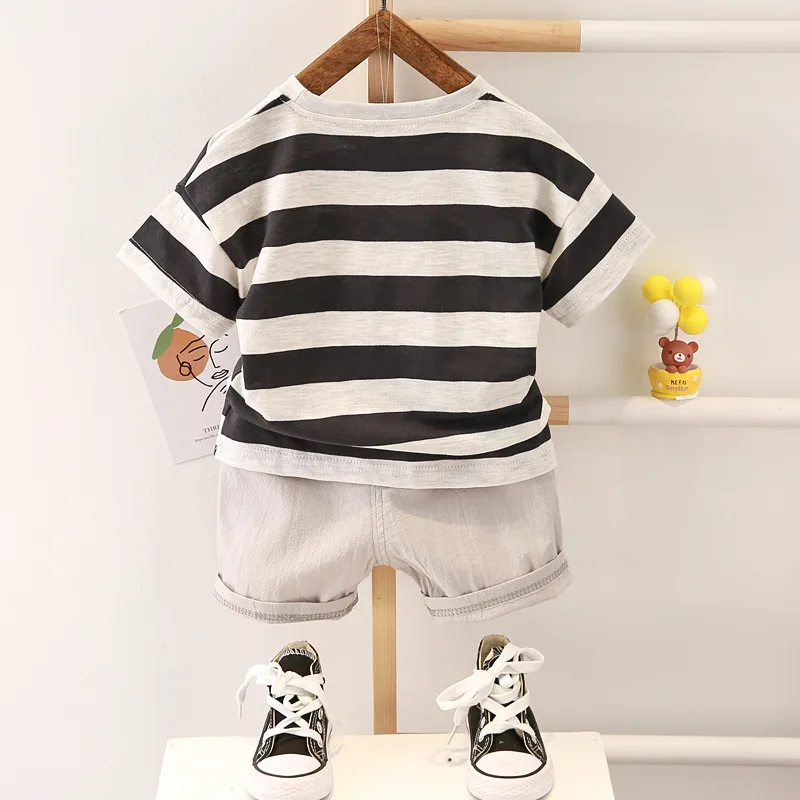 Children's Suit Boys And Girls Striped T-shirt + Solid Color Casual Shorts Summer Cotton Two-Piece Set