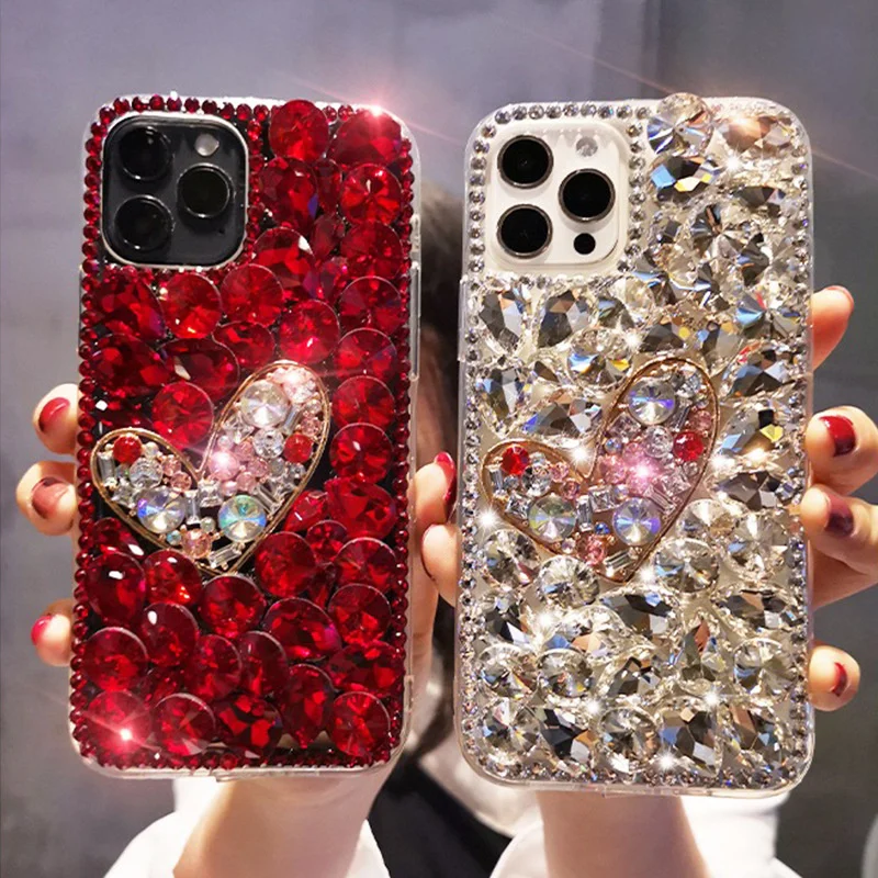 Handmade Diamond Love Heart Cell Phone Case For iPhone 15 Pro Max Rhinestone Bling Phone Case For iPhone 14 13 12 11 Pro Max