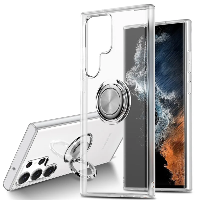 For Samsung S24 Ultra Transparent Phone Case, S23 Magnetic Ring Bracket Cover, S22 Anti-drop Soft Shell Protective Case