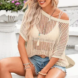 Dear-Lover OEM ODM Custom Logo Wholesale New Style Solid Color Women Fishnet Crochet Tops Pullover Ribbed Knitted Sweater