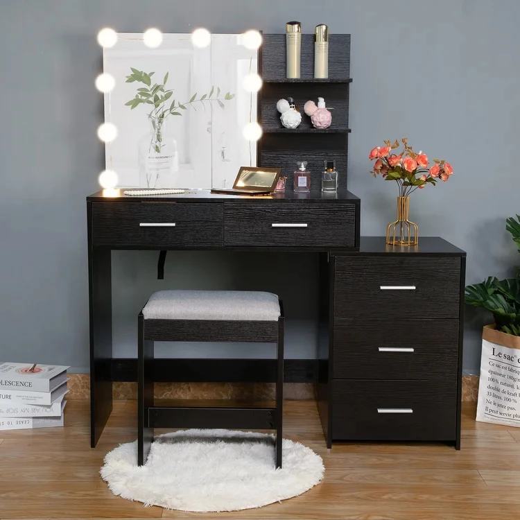 Black Makeup Bedroom Dressing Table With LED Mirror And Drawers