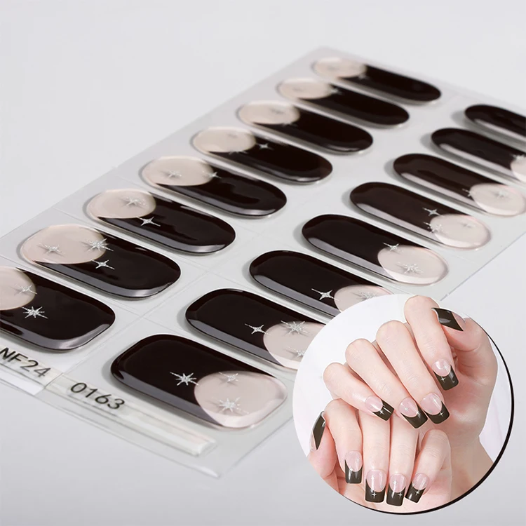 Glitter French Nail Tips Design Waterproof Long Lasting Semi Cured Gel Nail Strips for Women Lady DIY Nail Art Salon details
