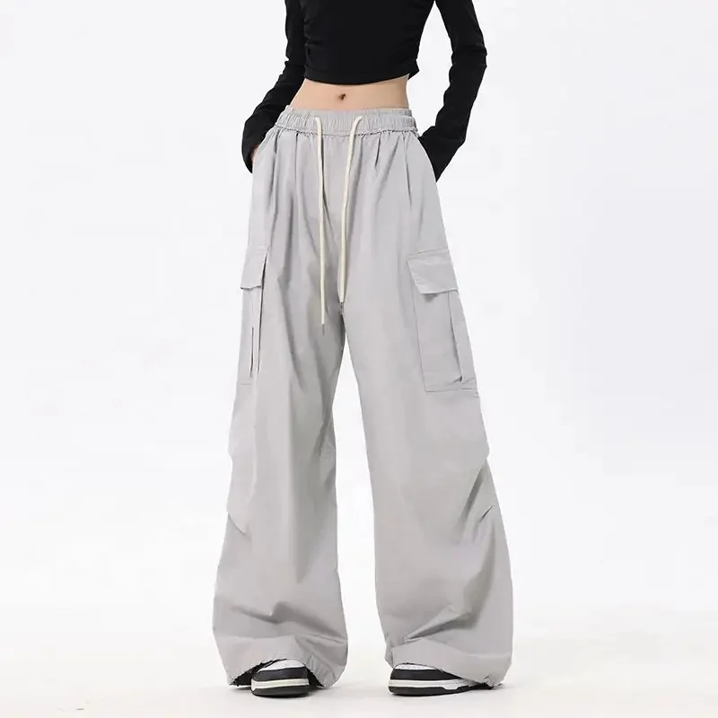 Womens Casual Loose Pants Comfy Cropped Work Pants with Pockets Elastic High Waist Paper Bag Pants