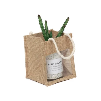 Wholesale fashion design eco-friendly reusable small jute bag with clear window