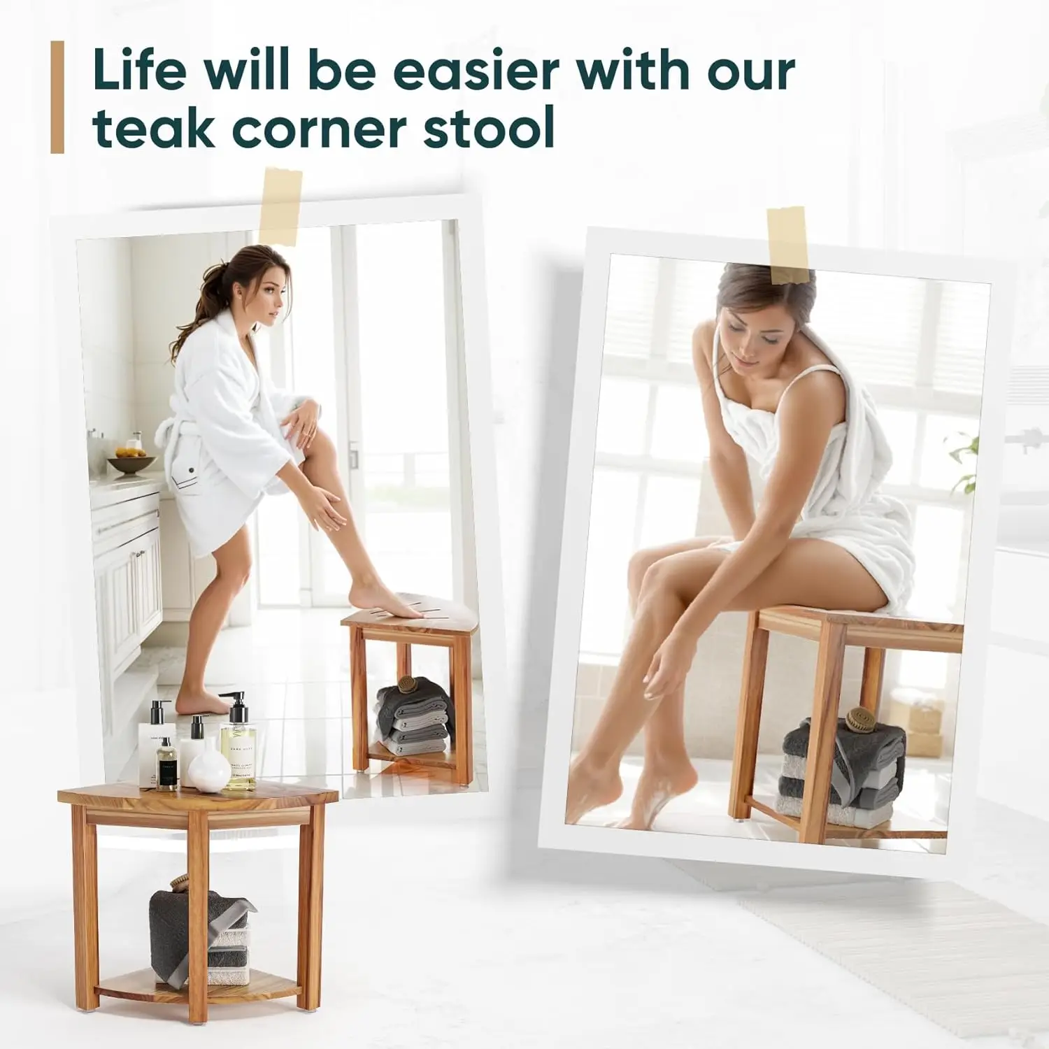 product waterproof teak shower bench with storage shelf corner wood shower stool for inside shower for shaving legs-2
