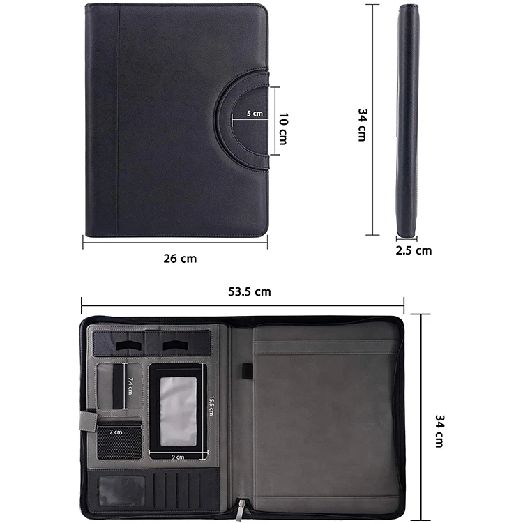 A4 Black Zippered Business Portfolio Leather Travel Document Holder Padfolio Organizer File Folder With Hidden Handle manufacture