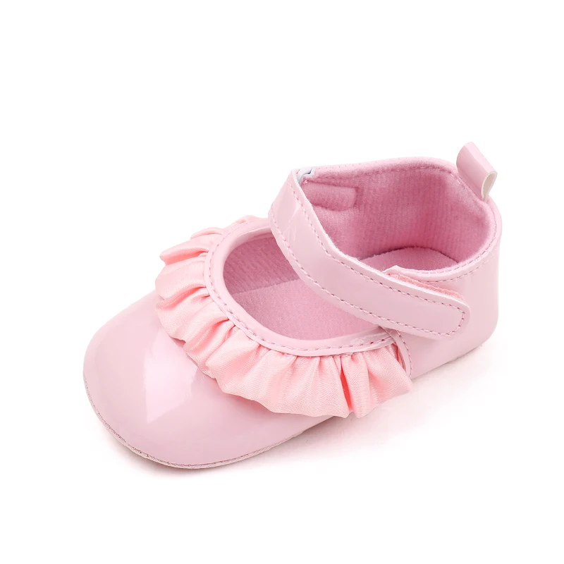 Fashion Lace Princess Shoes Solid Color Baby Girls PU Leather Bright Face Soft Soled Shoes factory