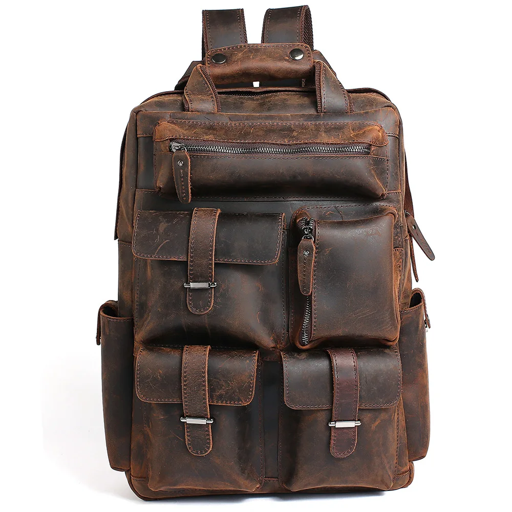 Vintage Genuine Leather Man'S Travel Backpack Men Leather Backpack Large Capacity Multiple Pockets Laptop Backpacks