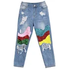 Jeans Sparkle Rainbow Sequin Washed Cotton Denim Pants Distressed Holes Pantalones Jeans Women