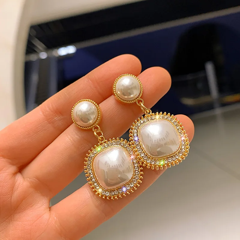 Women S925 Needle Luxury Shiny Crystal Golden Diamond Square Pearl Drop Earrings Jewelry Party Gifts