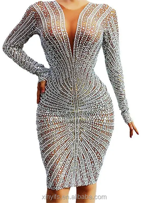 New Design Long Sleeve Tightshort Dress Women Birthday Celebrate Evening Dress Sparkly Diamond Pearl